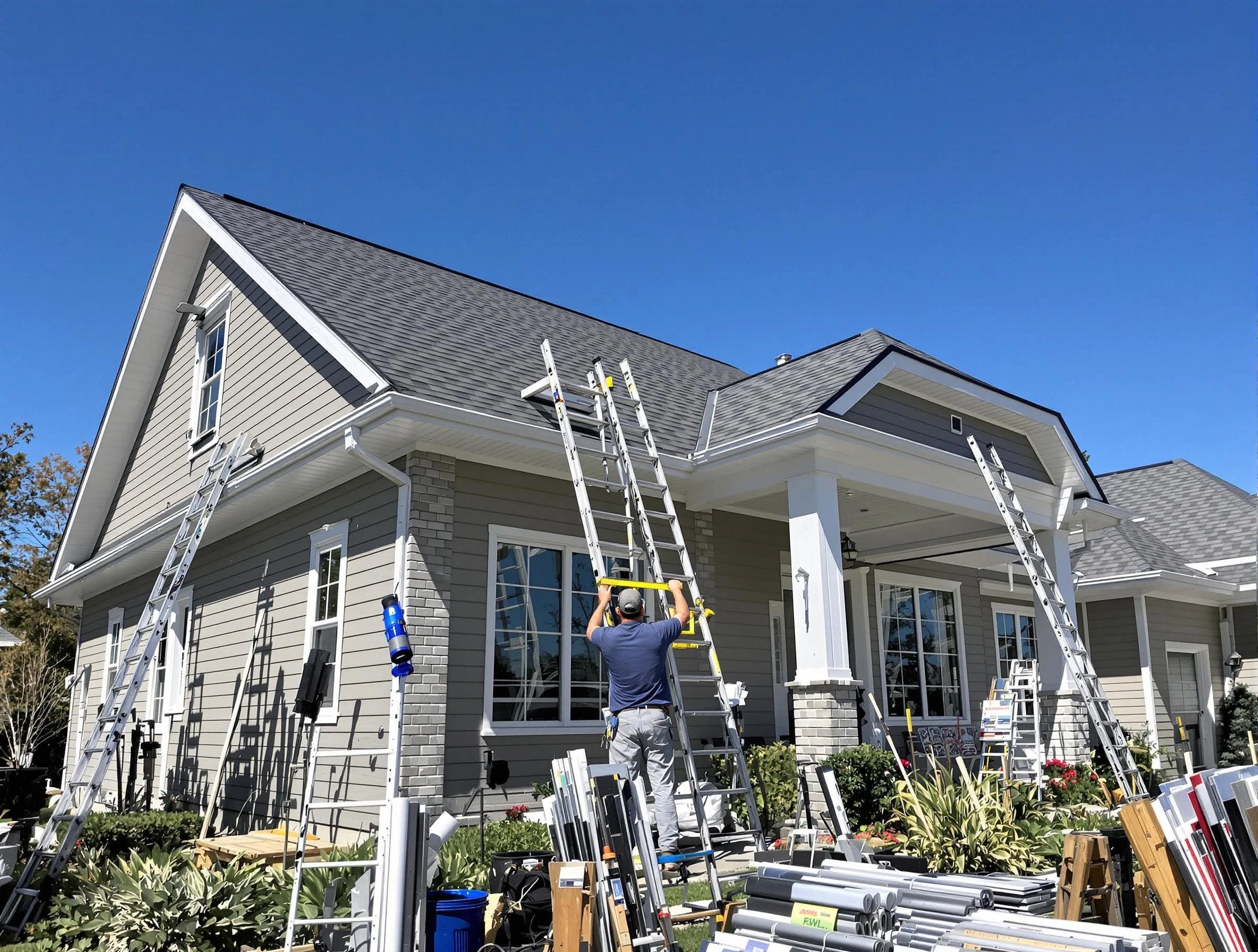 Streetsboro Roofing Company fitting rain gutters at a home in Streetsboro, OH